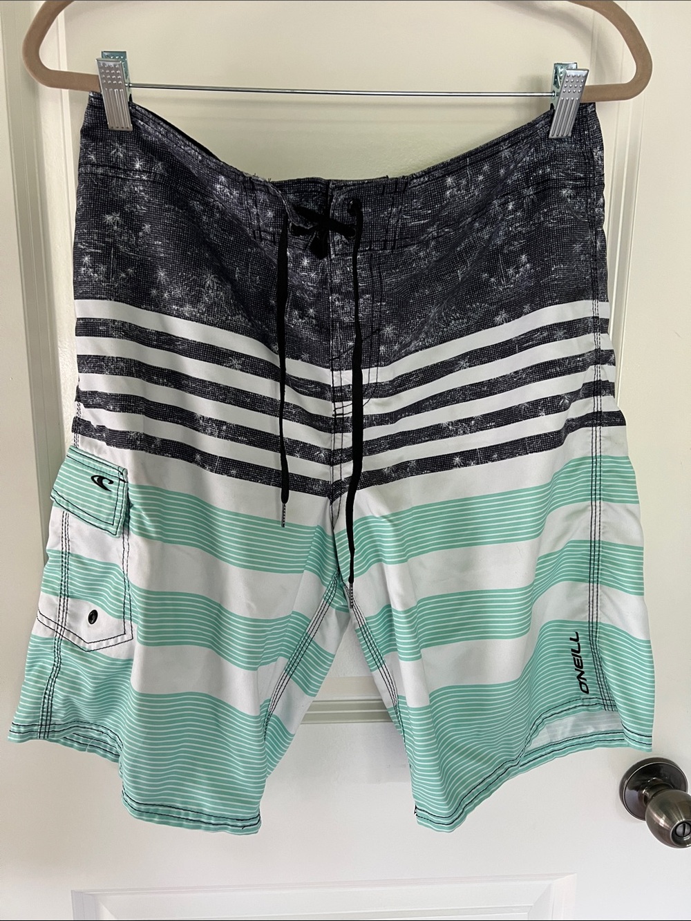 O'Neill Black, White & Mint Striped Men's Board Shorts